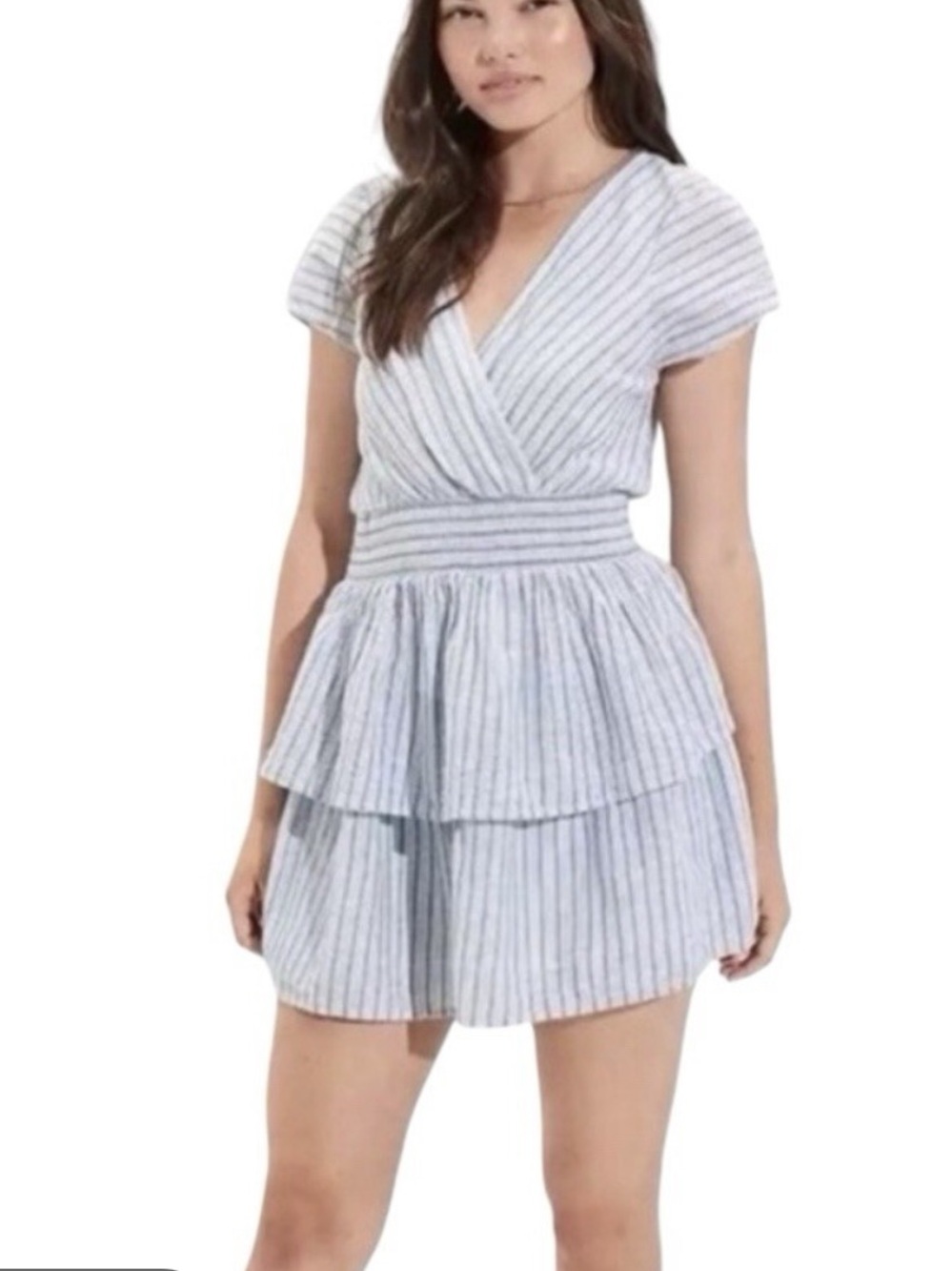 American Eagle Blue White Striped Linen Blend Ruffle Mini Dress M